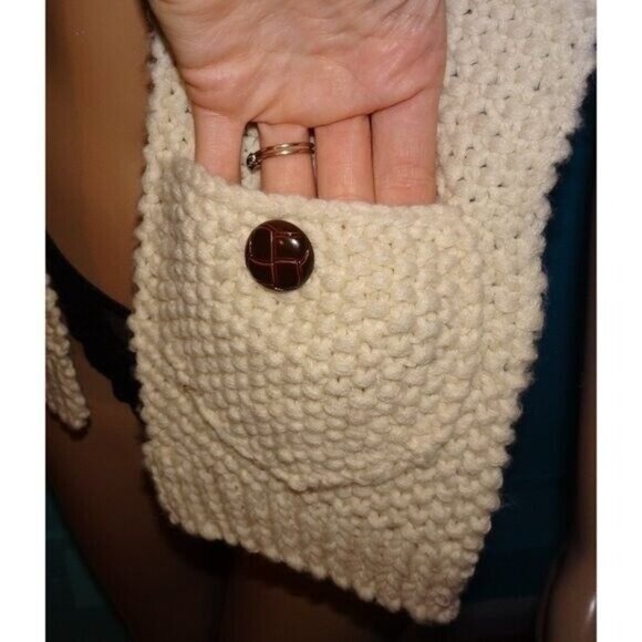 Vintage Ivory Hand Crocheted Scarf w/ Pockets pinup retro rockabilly winter knit - Picture 5 of 8